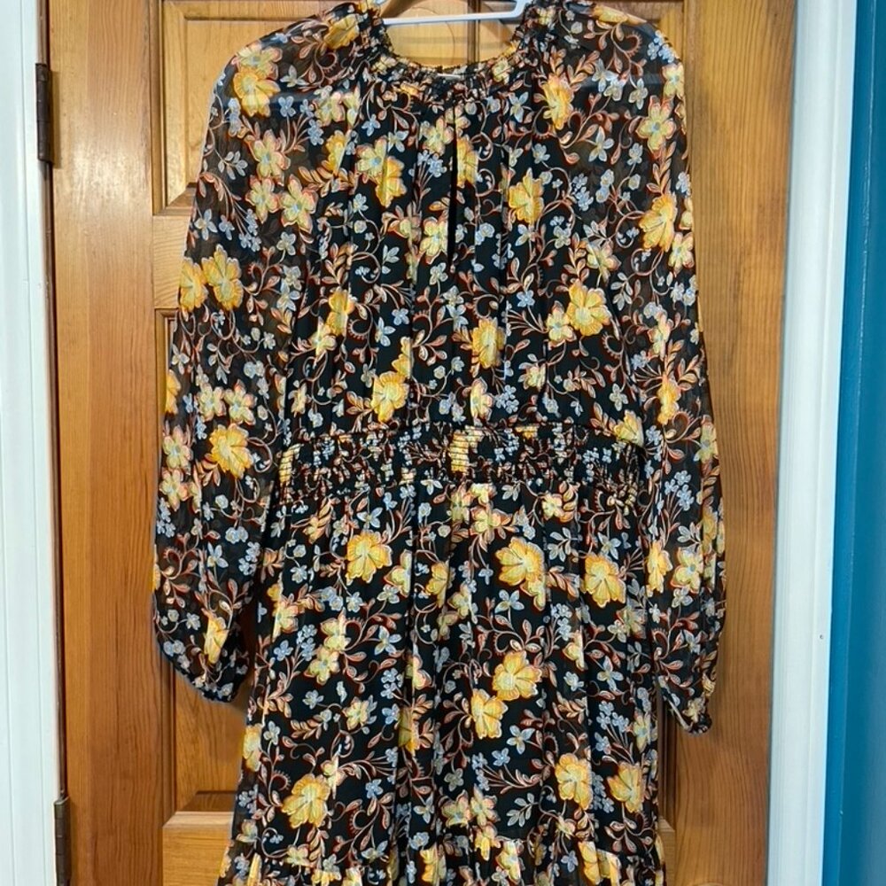 Old Navy Black Floral Smocked Waist Long Sleeve Chiffon Dress Gold Thread size L